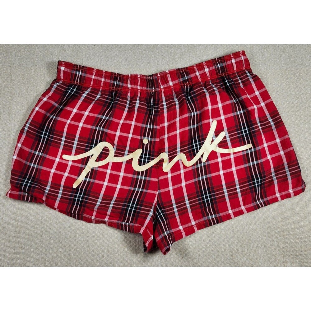 Victoria's Secret PINK Plaid Flannel Pajama Shorts Logo Red Black Boxers Medium